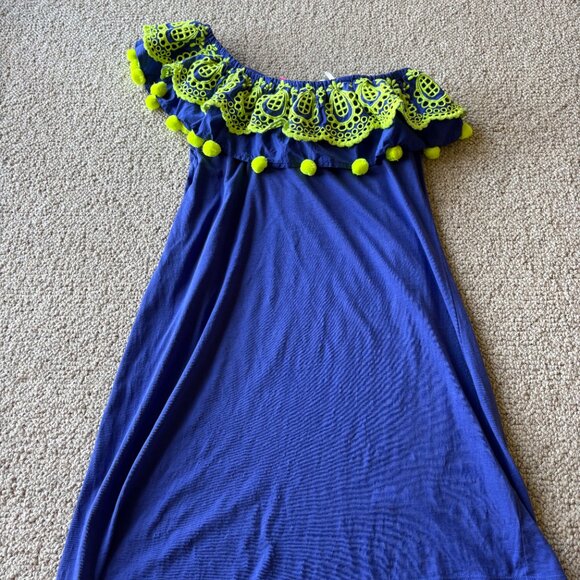 Lilly Pulitzer Idara One Shoulder Ruffle Dress Corsica Blue Pom Pom M - Picture 2 of 9